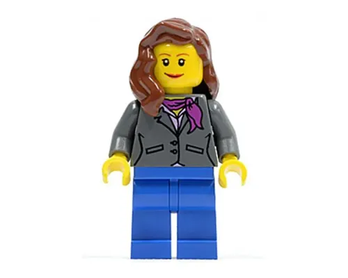 Dark Bluish Gray Jacket with Magenta Scarf, Blue Legs, Reddish Brown Female Hair over Shoulder Image