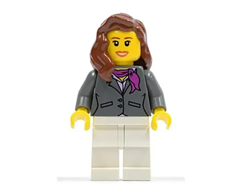 Dark Bluish Gray Jacket with Magenta Scarf, White Legs, Reddish Brown Female Hair over Shoulder Image