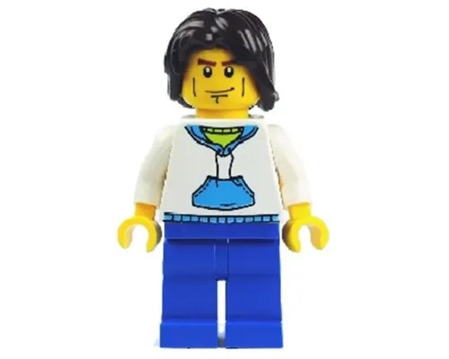 White Hoodie with Medium Blue Pocket, Blue Legs, Dark Brown Mid-Length Tousled Hair Image