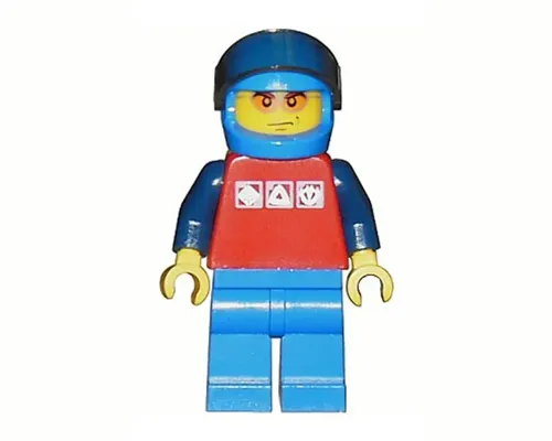 Red Shirt with 3 Silver Logos, Dark Blue Arms, Blue Legs, Blue Helmet, Orange Sunglasses Image