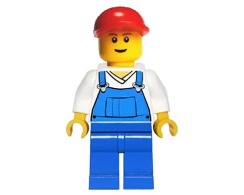 Overalls Blue over V-Neck Shirt, Blue Legs, Red Short Bill Cap Image