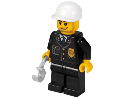 Police - City Suit with Blue Tie and Badge, Black Legs, White Short Bill Cap, Smirk and Stubble Beard Image