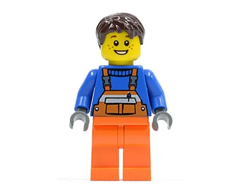 Overalls with Safety Stripe Orange, Orange Legs, Dark Brown Tousled Hair, Open Grin and Freckles Image