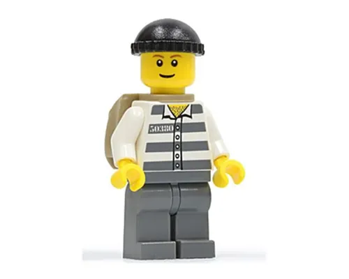 Police - Jail Prisoner 50380 Prison Stripes, Dark Bluish Gray Legs, Black Knit Cap, Thin Grin, Backpack (Undetermined Eyebrows) Image