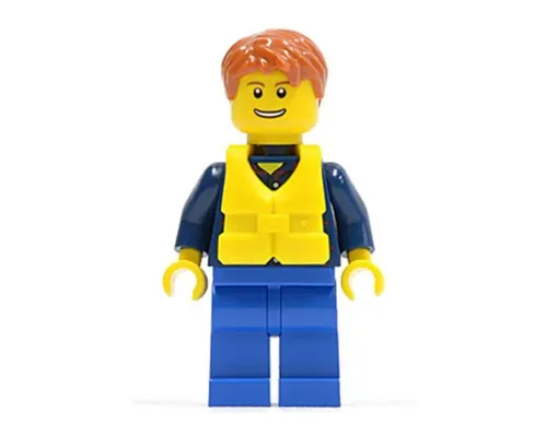 Plaid Button Shirt, Blue Legs, Dark Orange Short Tousled Hair, Yellow Life Jacket Center Buckle, Thin Grin with Teeth Image