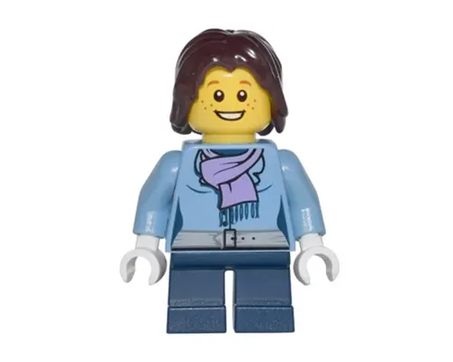 Medium Blue Jacket with Light Purple Scarf, Dark Blue Short Legs, Dark Brown Mid-Length Tousled Hair Image