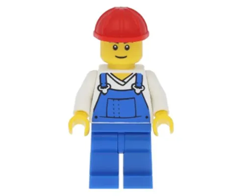 Overalls Blue over V-Neck Shirt, Blue Legs, Red Construction Helmet Image