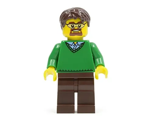 Green V-Neck Sweater, Dark Brown Legs, Dark Brown Short Tousled Hair, Safety Goggles Image