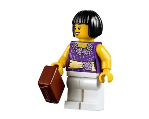 Female Dark Purple Blouse with Gold Sash and Flowers, White Legs, Black Bob Cut Hair Image