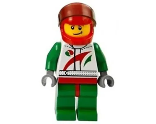 Race Car Driver, White Racing Suit with Octan Logo, Red Helmet with Trans-Brown Visor, Crooked Smile with Black Dimple Image