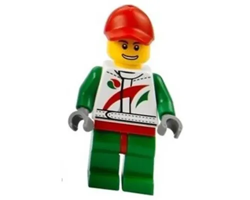 Race Car Mechanic, White Racing Suit with Octan Logo, Red Cap with Hole, Brown Eyebrows, Thin Grin with Teeth Image