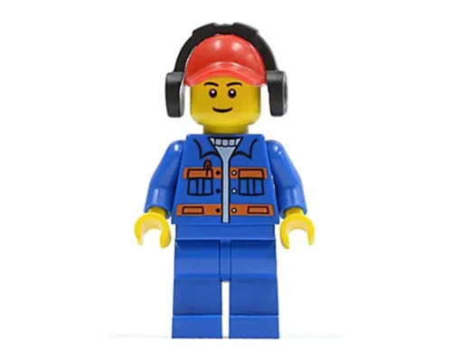 Blue Jacket with Pockets and Orange Stripes, Blue Legs, Red Cap with Hole, Headphones Image