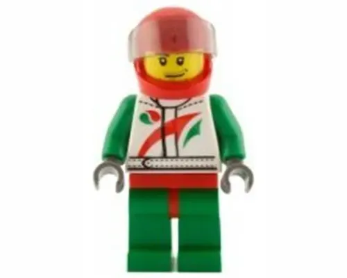 Race Car Driver, White Racing Suit with Octan Logo, Red Helmet with Trans-Brown Visor, Smirk and Stubble Beard Image