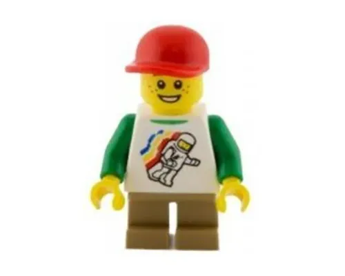 Classic Space Minifigure Floating Pattern, Dark Tan Short Legs, Red Short Bill Cap Image