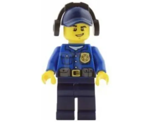 Police - City Officer, Gold Badge, Dark Blue Cap with Hole, Headphones, Lopsided Grin Image