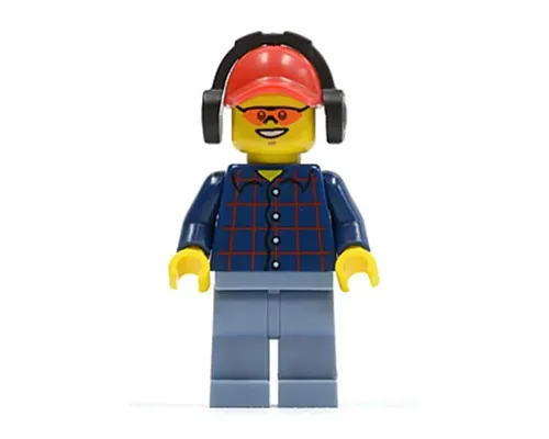 Plaid Button Shirt, Sand Blue Legs, Red Cap with Hole, Black Headphones Image