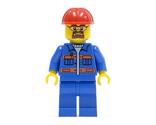 Blue Jacket with Pockets and Orange Stripes, Blue Legs, Red Construction Helmet, Safety Goggles Image