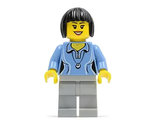 Medium Blue Female Shirt with Two Buttons and Shell Pendant, Light Bluish Gray Legs, Black Bob Cut Hair Image