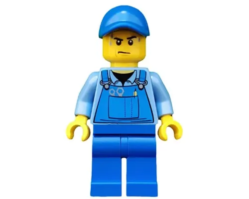 Overalls with Tools in Pocket Blue, Blue Cap with Hole, Sweat Drops Image