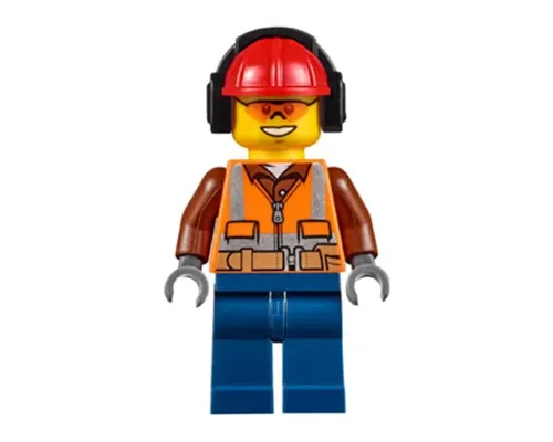 Construction Worker - Male, Orange Safety Vest, Reflective Stripes, Reddish Brown Shirt, Dark Blue Legs, Red Construction Helmet with Black Ear Protectors / Headphones, Safety Glasses Image