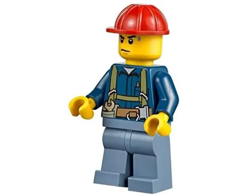 Construction Worker - Shirt with Harness and Wrench, Sand Blue Legs, Red Construction Helmet, Sweat Drops Image