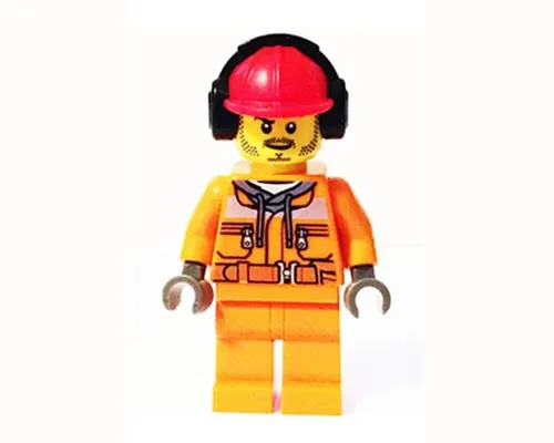 Construction Worker - Male, Orange Safety Jacket, Reflective Stripe, Sand Blue Hoodie, Orange Legs, Red Construction Helmet with Black Ear Protectors / Headphones, Stubble Image