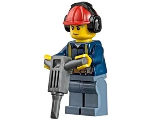 Construction Worker - Male, Shirt with Harness and Wrench, Sand Blue Legs, Red Construction Helmet with Black Ear Protectors / Headphones, Sweat Drops Image