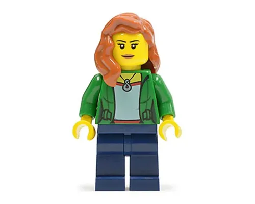 Green Female Jacket Open with Necklace, Dark Blue Legs, Dark Orange Female Hair over Shoulder Image