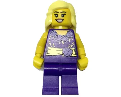 Female Dark Purple Blouse with Gold Sash and Flowers, Dark Purple Legs, Bright Light Yellow Female Hair Mid-Length Image