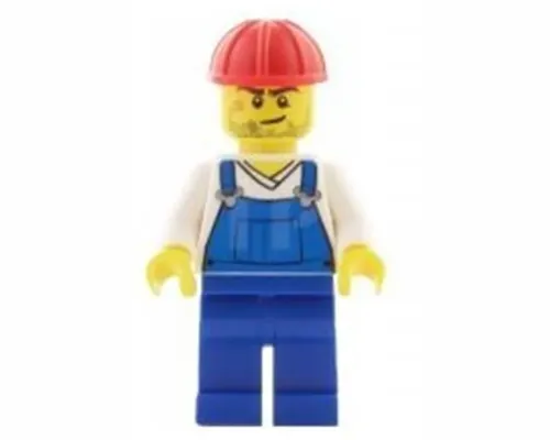 Overalls Blue over V-Neck Shirt, Blue Legs, Red Construction Helmet, Crooked Smile and Scar Image