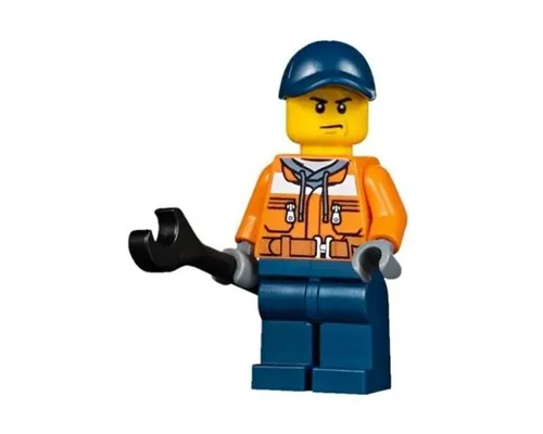 Construction Worker - Male, Orange Safety Jacket, Reflective Stripe, Sand Blue Hoodie, Dark Blue Legs, Dark Blue Cap with Hole, Scowl Image