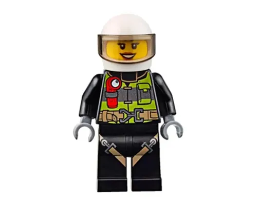 Fire - Reflective Stripes with Utility Belt and Flashlight, White Helmet, Trans-Brown Visor, Peach Lips Open Mouth Smile Image