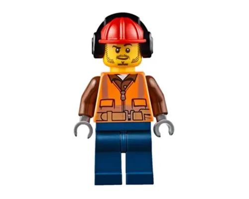 Fire - Male, Orange Safety Vest, Reflective Stripes, Reddish Brown Shirt, Dark Blue Legs, Red Construction Helmet with Black Ear Protectors / Headphones, Stubble Image