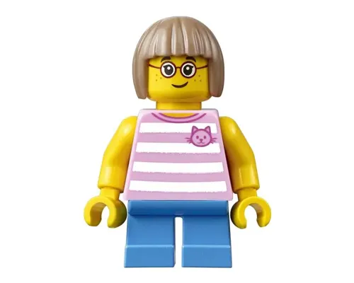 Child - Girl, Bright Pink Striped Shirt with Cat Head, Dark Azure Short Legs, Dark Tan Bob Cut Hair, Glasses, Freckles Image