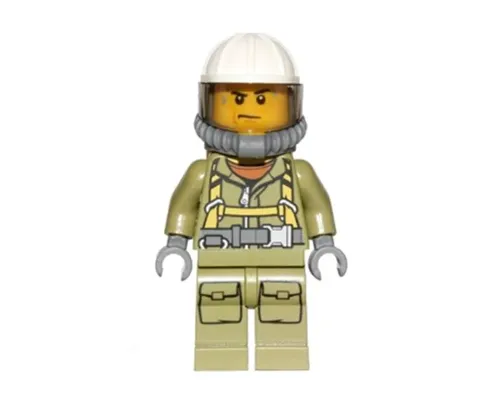 Volcano Explorer - Male Worker, Suit with Harness, Construction Helmet, Breathing Neck Gear with Yellow Air Tanks, Trans-Brown Visor, Sweat Drops Image