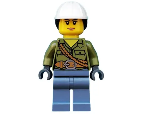 Volcano Explorer - Female, Shirt with Belt and Shoulder Ropes, White Construction Helmet with Dark Brown Ponytail Hair Image