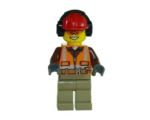 Construction Worker - Male, Orange Safety Vest, Reflective Stripes, Reddish Brown Shirt, Dark Tan Legs, Red Construction Helmet with Black Ear Protectors / Headphones, Safety Glasses Image