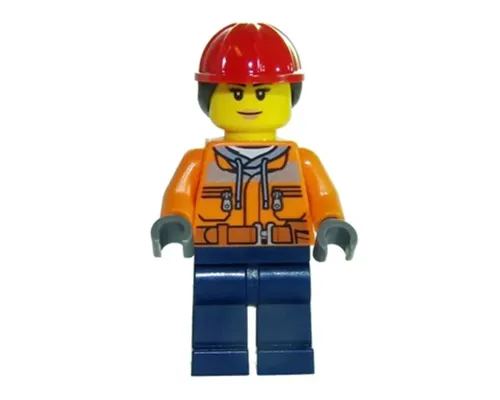 Construction Worker - Female, Orange Safety Jacket, Reflective Stripe, Sand Blue Hoodie, Dark Blue Legs, Red Construction Helmet with Dark Brown Ponytail Hair, Peach Lips Image