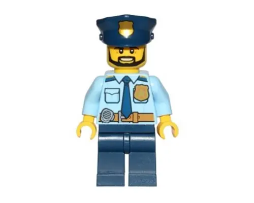 Police - City Shirt with Dark Blue Tie and Gold Badge, Dark Tan Belt with Radio, Dark Blue Legs, Police Hat with Gold Badge, Head Beard Black Angular Image