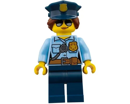 Police - City Officer Female, Bright Light Blue Shirt with Badge and Radio, Dark Blue Legs, Dark Blue Police Hat, Sunglasses Image