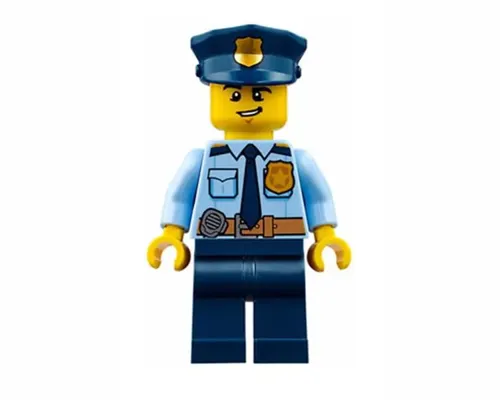 Police - City Shirt with Dark Blue Tie and Gold Badge, Dark Tan Belt with Radio, Dark Blue Legs, Police Hat with Gold Badge, Lopsided Grin Image