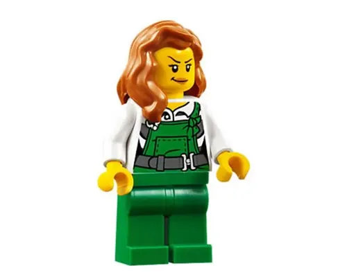 Police - City Bandit Female with Green Overalls, Dark Orange Female Hair over Shoulder, Peach Lips Smirk Image