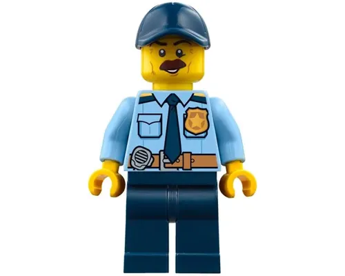 Police - City Shirt with Dark Blue Tie and Gold Badge, Dark Tan Belt with Radio, Dark Blue Legs, Dark Blue Cap with Hole, Brown Bushy Moustache Image