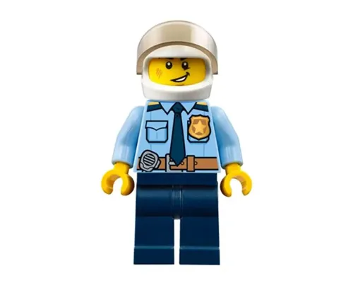 Police - City Officer Shirt with Dark Blue Tie and Gold Badge, Dark Tan Belt with Radio, Dark Blue Legs, White Helmet Image