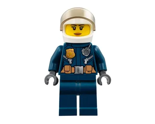 Police - City Helicopter Pilot Female, Leather Jacket with Gold Badge and Utility Belt, Dark Blue Legs, White Helmet, Peach Lips Slight Smile Image