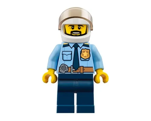 Police - City Officer Shirt with Dark Blue Tie and Gold Badge, Dark Tan Belt with Radio, Dark Blue Legs, White Helmet, Black Beard Image