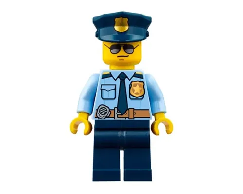 Police - City Officer Shirt with Dark Blue Tie and Gold Badge, Dark Tan Belt with Radio, Dark Blue Legs, Police Hat with Gold Badge, Sunglasses Image