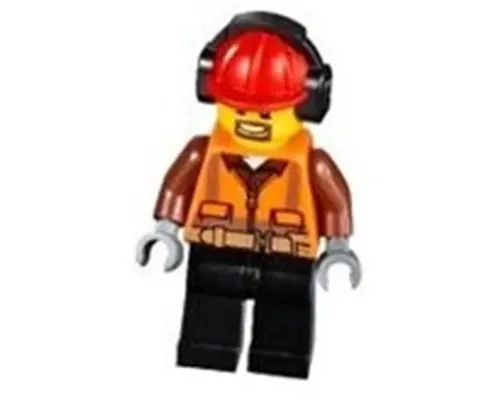 Cargo Center Worker - Male, Orange Safety Vest, Reflective Stripes, Reddish Brown Shirt, Black Legs, Red Construction Helmet with Black Ear Protectors / Headphones, Goatee Image