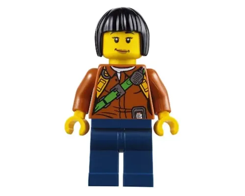 City Jungle Explorer Female - Dark Orange Shirt with Green Strap, Dark Blue Legs, Black Bob Cut Hair, Peach Lips Lopsided Smile Image