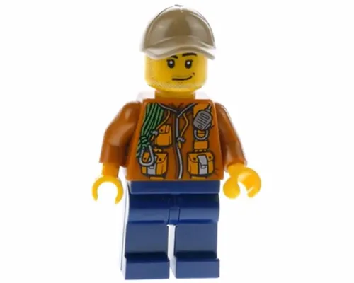 City Jungle Explorer - Dark Orange Jacket with Pouches, Dark Blue Legs, Dark Tan Cap with Hole, Smirk and Stubble Beard Image